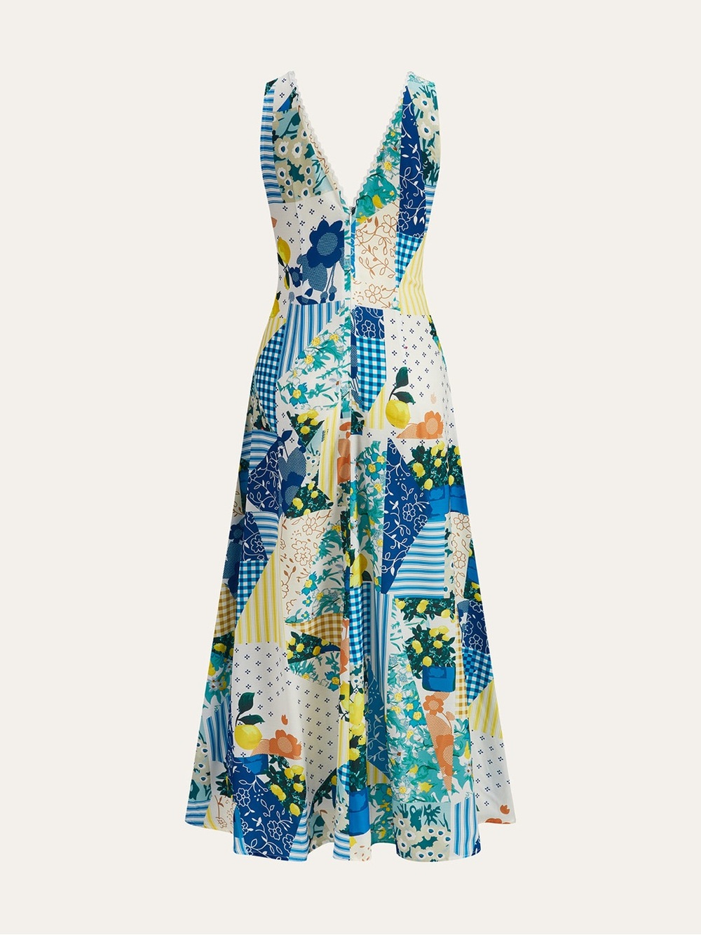 Commense Blue White Lemon Patchwork Floral Maxi Dress Lace Trim V Neck M - Picture 5 of 7